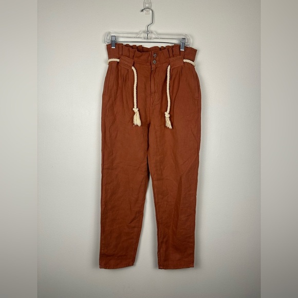 Veronica Beard Karter Paperbag Linen Belted High Rise Straight Leg Pants Sz 4 - Picture 2 of 10